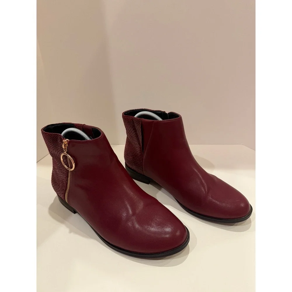 Comfortview Burgundy Faux‎ Leather Snake Embossed Zipper Ankle Boots Womens